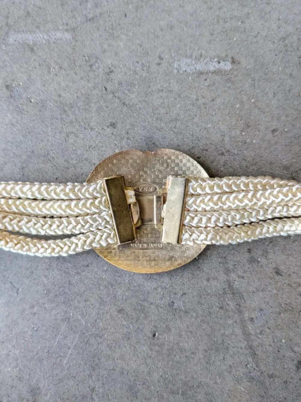 Vintage 1980s Floral Cloisonne Buckle Ivory Gold Rope Belt one size